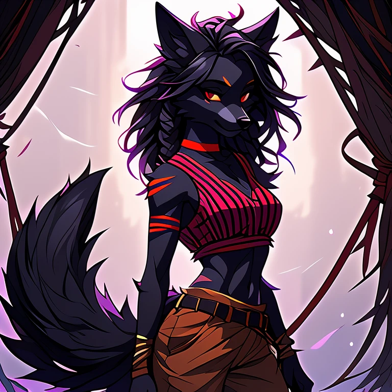 Solo, sfw, Young Female black wolf (((lean-body))) (((medium breasts))) (short snout),(((fur (red stripe) between neck and shoulder towards chest))) ((fur (red stripes) on waist))(ears are darker), (slitted pupils (red eyes)), (wolf tail (red at end)), (amber hair (single-braided)), (fantasy adventure type revealing clothing ((violet shirt (skimpy crop top) (dark fur strips on waist)), golden-brown cloak, (maroon belt) khaki pants)), ((Female wolf)) (detailed eyes) (clevedge, (collarbone, shoulders), (solo, (1girl)) ((((fluffy black fur)))) ((extremely detailed fur)) (violet skimpy crop top) ((mature))