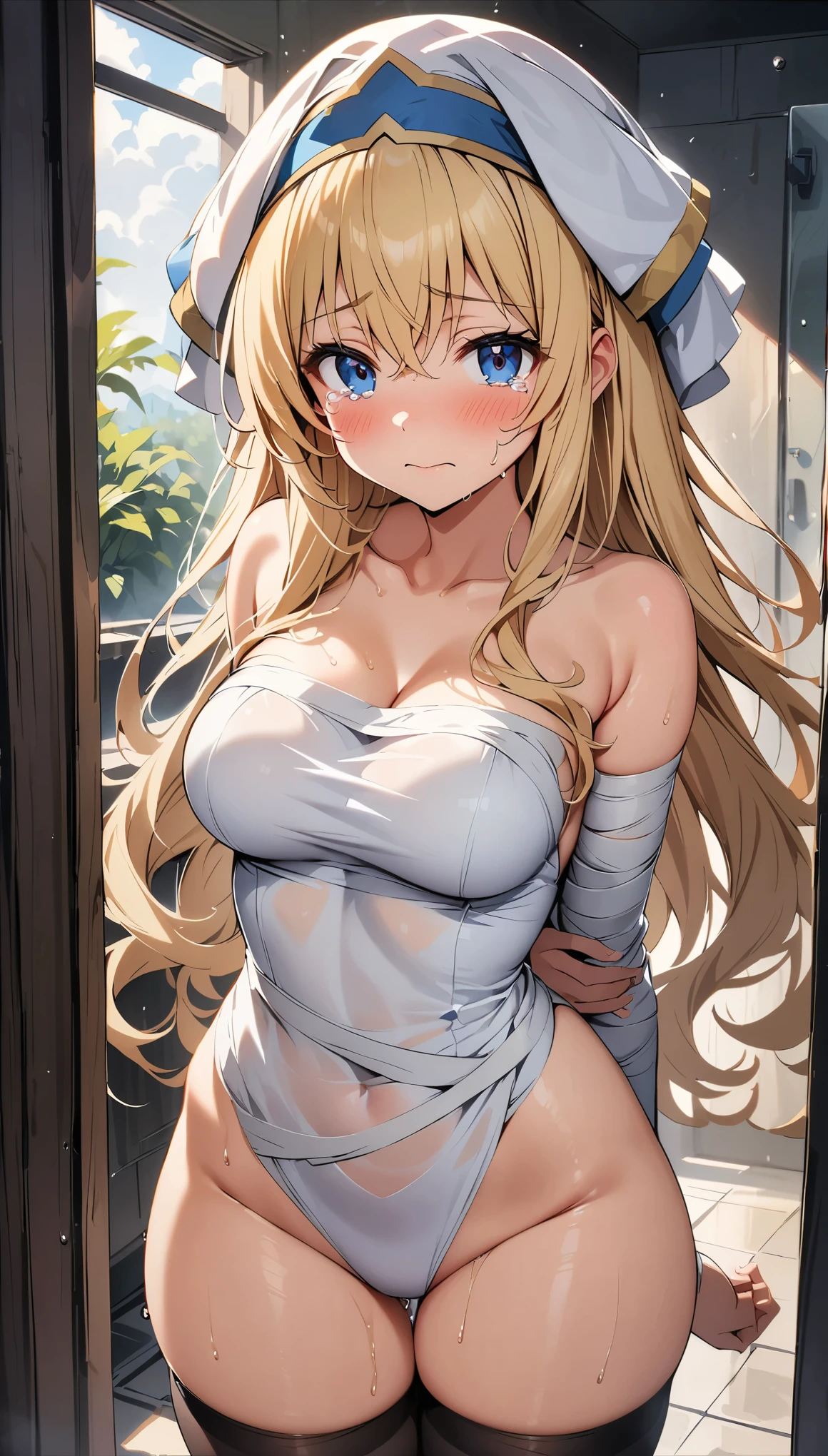 (curvy, medium breasts),((Sticky white naked bandage)), ((1girl, priestess \(goblin slayer!\), goblin slayer!)), (Hijab), blonde hair,beautiful detailed eyes, blue eyes,(cute eyes), black thigh highs, arms behind back, (Carving Waistline), Shower room, (cowboy shot, from front), Best Quality, Super detailed, masterpiece,  super high definition, 8k, Embarrassing, blush, Nice, (With tears in my eyes), closed mouth, sweat