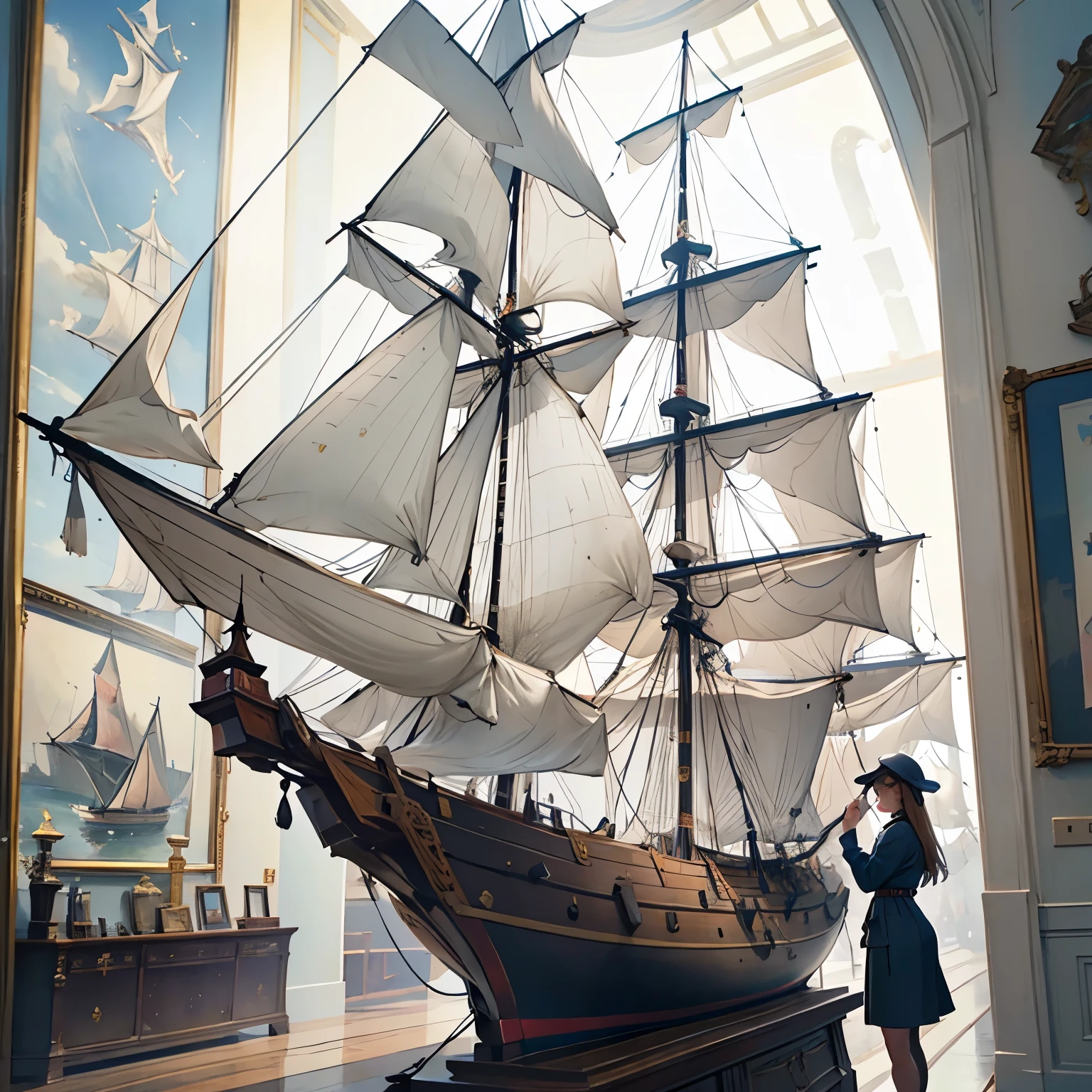 Maritime Museum sailboat model exhibition 、( A young and beautiful female curator is looking at the model sailboat)、 galleon sailboat model 、 and many other sailboat models are on display 、Vintage、 classical interior 、Highest quality、 High Resolution 、masterpiece、wallpaper、8k、