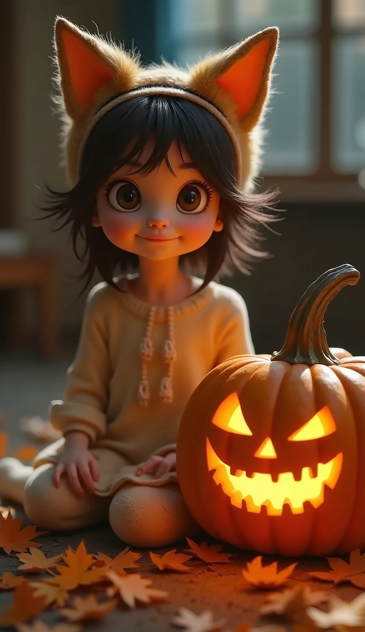 (Best Quality、masterpiece、 High Resolution )、realism、Realistic photos、RAW Photos、jack o'lantern and girl、 cute girl 、Girl、Fox-eared headband 、