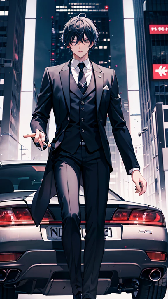 Anthro wolf man, Wearing a black suit, handsome, charismatic, has a firm and serious expression, black hair with a red pattern, he is in the middle of the night city, while leaning against a cool sedan. (Anthro wolf male)