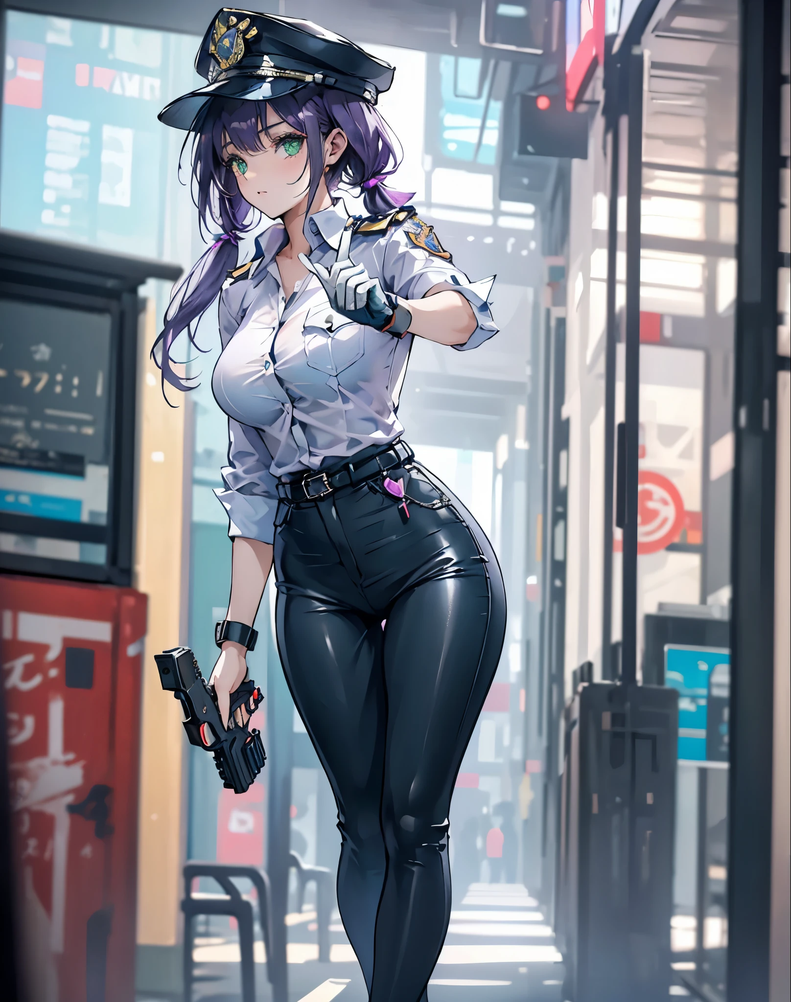 ((masterpiece)), ((best quality)), ((highres)), 1girl, solo, police officer, (matching pants, slacks), city backdrop, (holding and aiming pistol, detailed pistol, glock 22, trigger discipline), police hat, standing, long hair, (purple hair, twintails), (green eyes), full body, coldre na perna, thick coxas, thick ass, camisa decotada