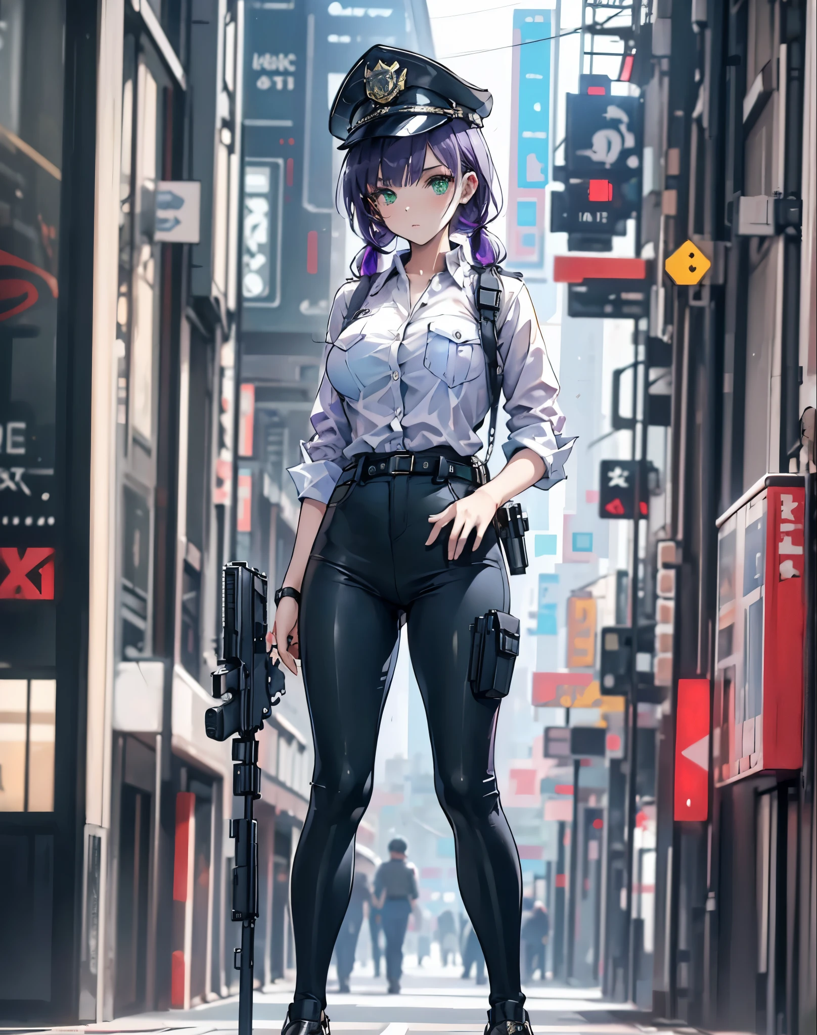 ((masterpiece)), ((best quality)), ((highres)), 1girl, solo, police officer, (matching pants, slacks), city backdrop, (holding and aiming pistol, detailed pistol, glock 22, trigger discipline), police hat, standing, long hair, (purple hair, twintails), (green eyes), full body, coldre na perna, thick coxas, thick ass, camisa decotada