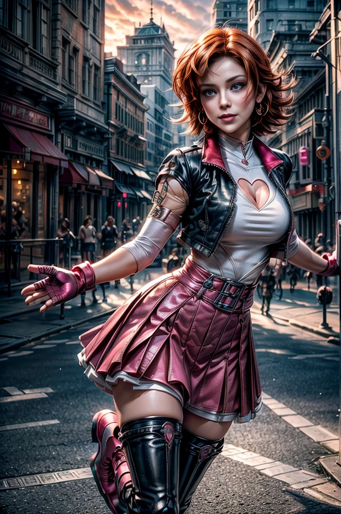 cowboy shot, beautiful (nora_valkyrie), looking at viewer, smiling, lips, short hair, blue eyes, orange hair, hoop earring, cropped jacket, black jacket, short sleeves, white shirt, cleavage cutout, pink skirt, cross-laced boots, pink gloves, fingerless gloves, black nail, standing in cityscape, crowd, fountain, best quality, masterpiece, intricate details, tonemapping, sharp focus, hyper detailed, masterpiece, elegant face, beautiful face, highly detailed skin, skin pores, subsurface scattering, realistic pupils, full lips, detailed background, depth of field, atmospheric perspective, volumetric lighting, sharp focus, absurdres, realistic proportions, good anatomy, (realistic, hyperrealistic:1.4), 16k hdr,