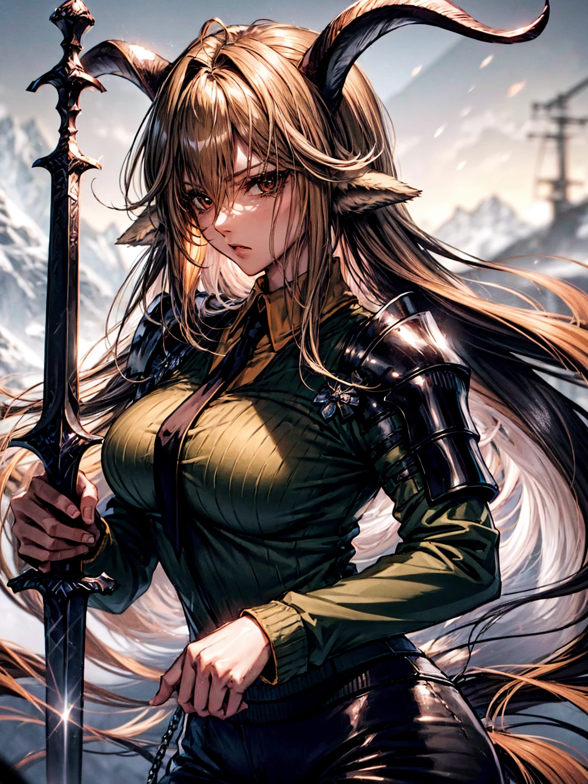 (top-quality、tmasterpiece、high resolution、super high image quality，highly detailed，8k), 30years old，degenbrecher(arknights), goat girl, black necktie, looking at viewer, large breasts, hair between eyes, goat horns, animal ears, Alone, long sleeves, long hair, closed mouth, blonde hair, BREAK sword, armor