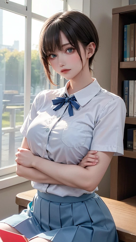 (8K、Raw photography、top-quality、The ultra -The high-definition、masterpiece:1.2)、(reallistic、Photorealsitic:1.37)、1人の女性、1 person woman、cute little、独奏、Beautiful sky、Detailed Cafe、natta、Sitting、date、(Nasal redness)、(A smile:1.1)、(Closed)、mideum breasts、beautidful eyes、(shirt with collar:1.1)、a bow tie、pleatedskirt、(short-hair:1.2)、Floating hair、(Very tall supermodel:1.3、Very leggy supermodel:1.3、neck long、Put your ears out、Light in the eyes、hi-school girl)
