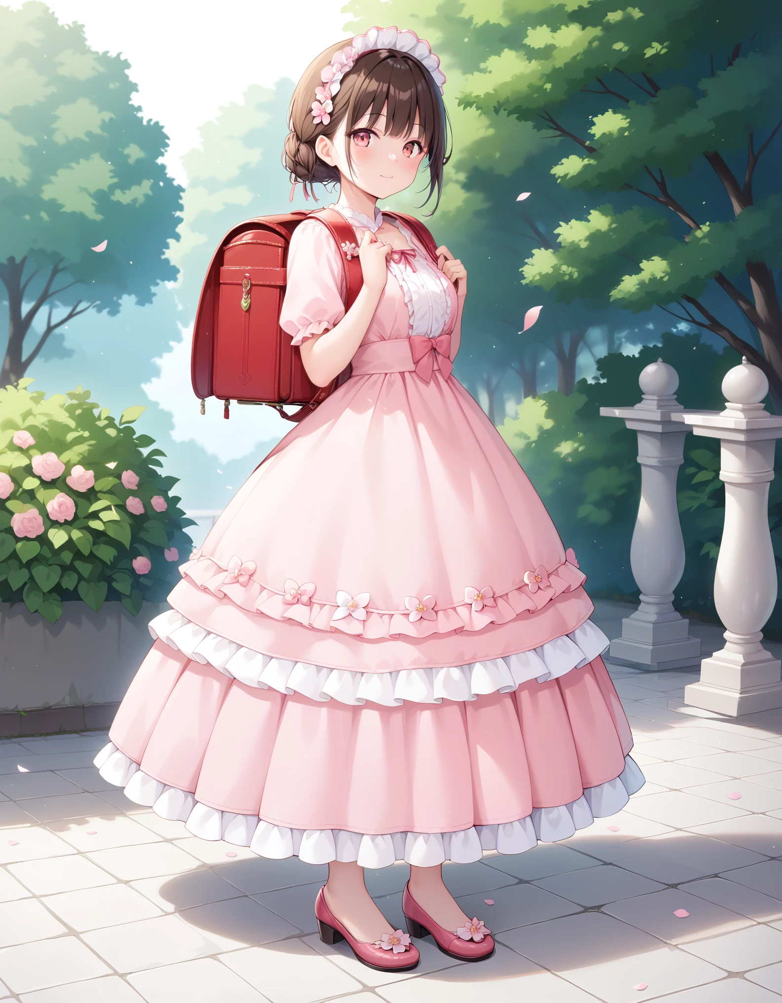 Masterpiece, hd, best quality, there is a girl standing on the tiled floor in a pink dress, wearing pink floral chiton, beautiful pink , brown hair, wearing a pink dress, dressed in a pink dress, small  girl, Traditional Attire, in a fancy dress, frilly outfit, wearing beautiful clothes, wearing pink floral gown, cute young girl, dressed in a beautiful, wearing randoseru backpack, red backpack, standing, outdoor, fullbody 