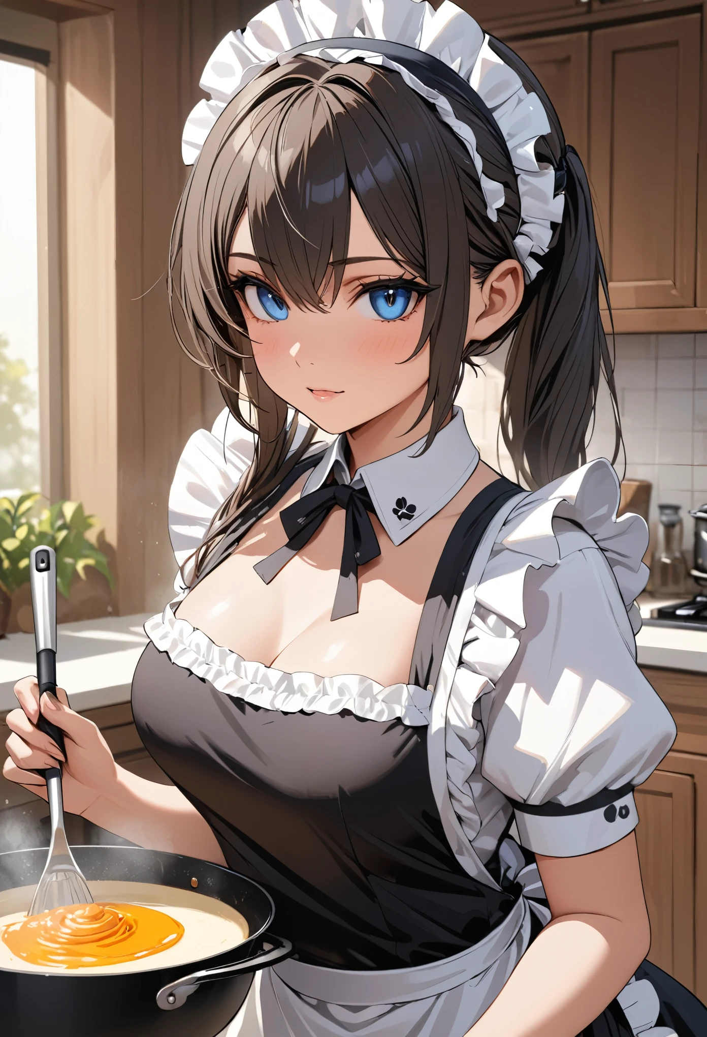 ((best quality)), ((masterpiece)), (detailed), perfect face, detailed eyes, (best quality), (detailed skin:1.3), (intricate details), Maid girl cooking