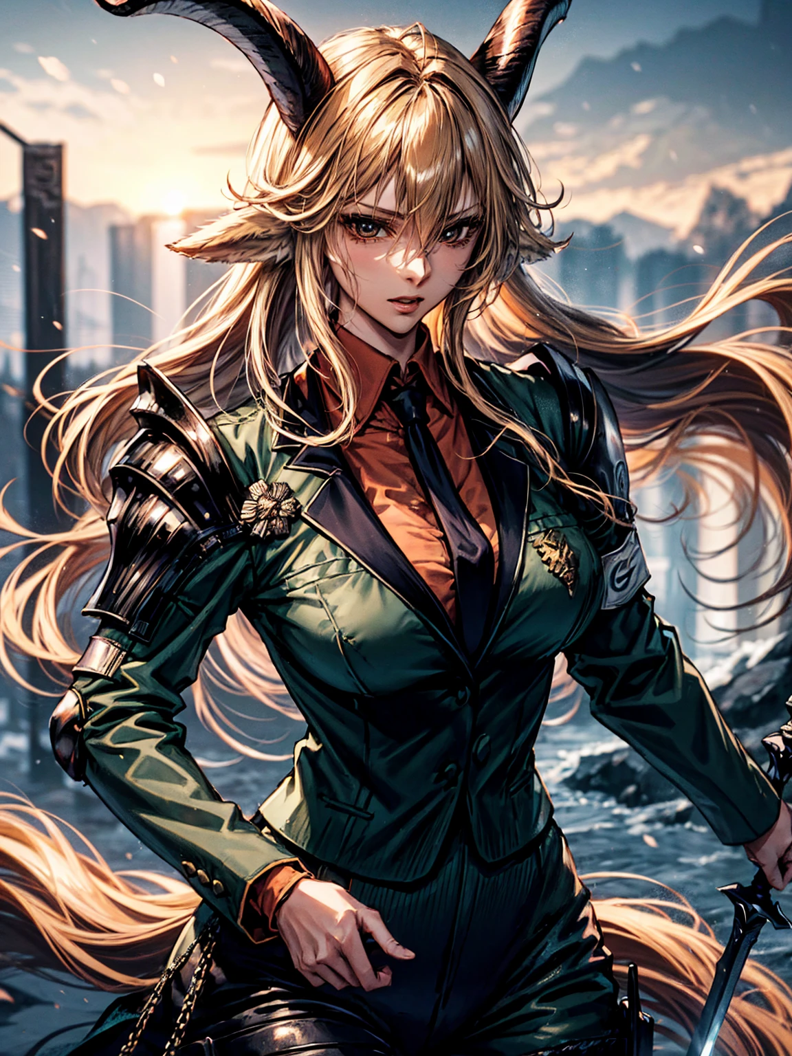 (top-quality、tmasterpiece、high resolution、super high image quality，highly detailed，8k), 30years old，degenbrecher(arknights), goat girl, black necktie, looking at viewer, large breasts, hair between eyes, goat horns, animal ears, Alone, long sleeves, long hair, closed mouth, blonde hair, BREAK sword, armored knight