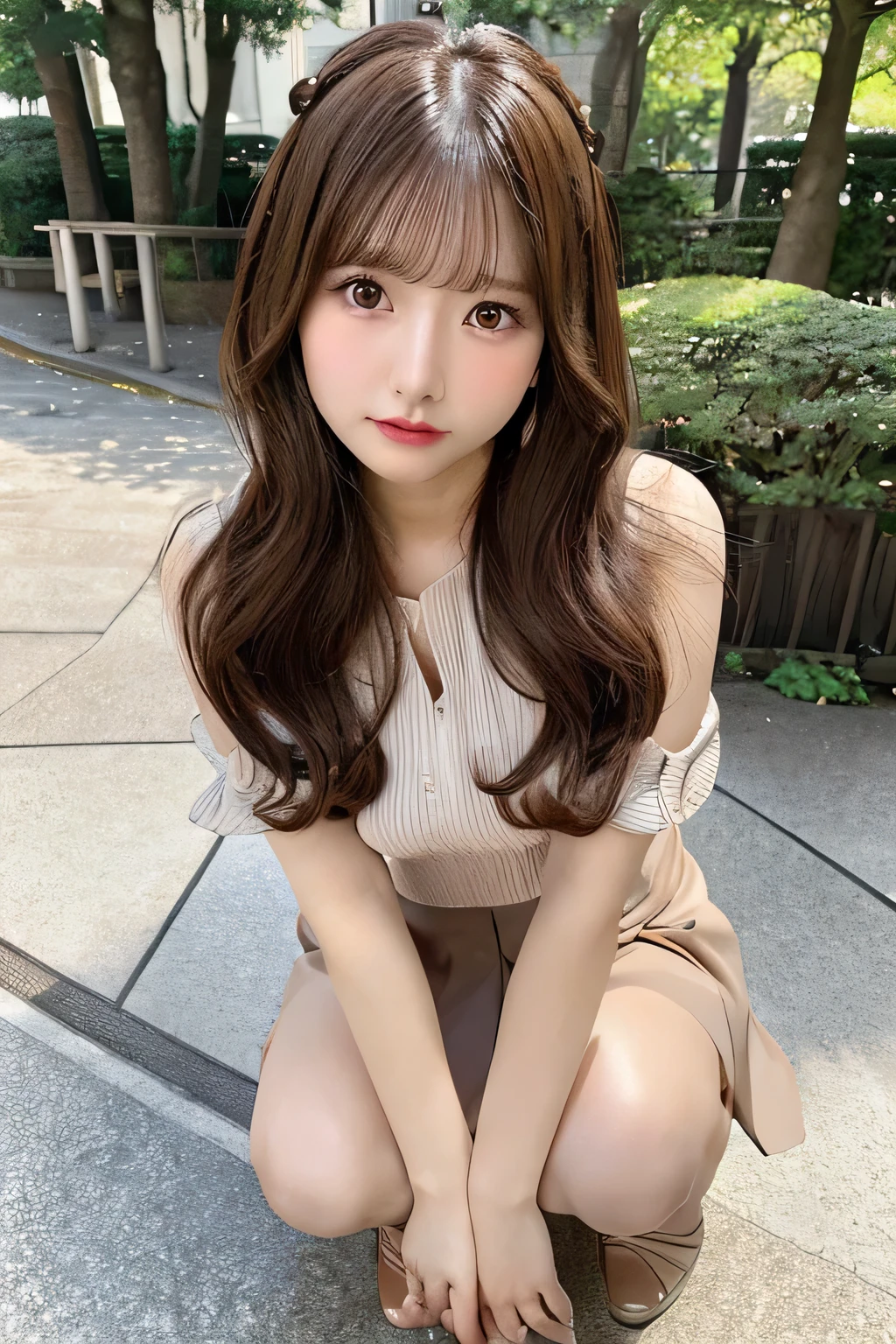 Masterpiece,best quality,high quality,detailed,ultra detailed.4K/8k,Full-HD,high resolution１gitl, medium long hair、Brown Hair、Japanese idol in her 20s 、Plump Cheeks、(leaning forward:1.3), (hands on knees:1.3),from above