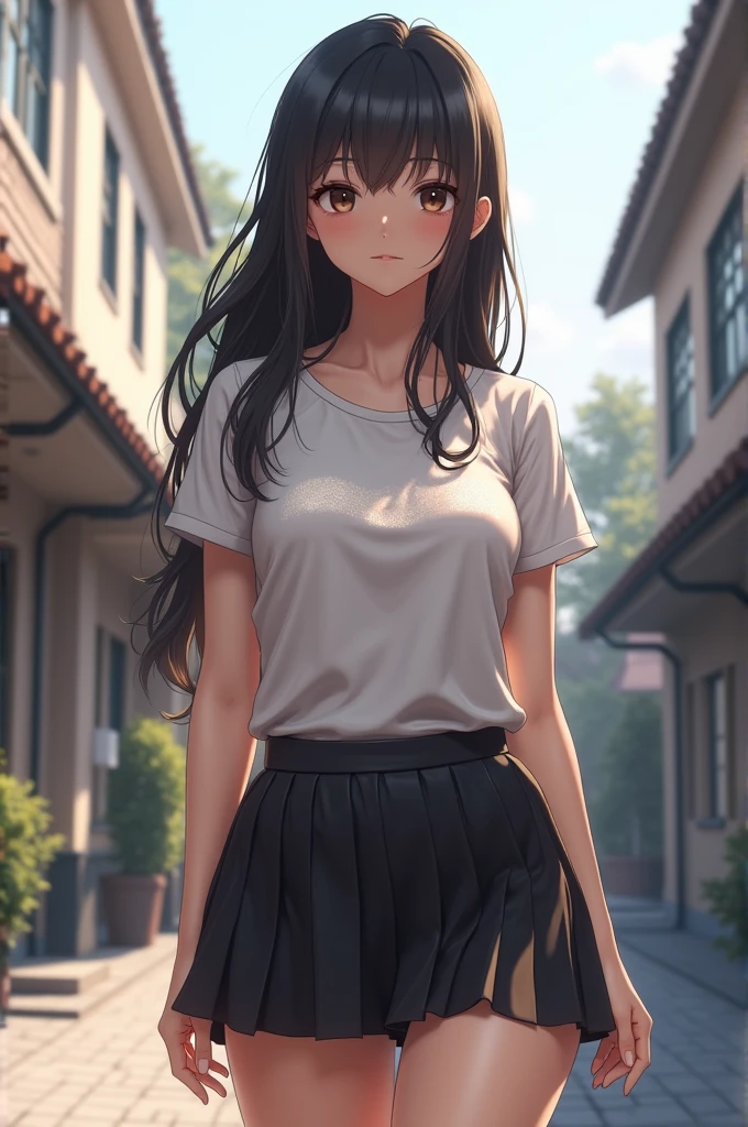 <lora:koga norioV1:.7>, (best quality, masterpiece), norio, 1boy, solo, black_hair, brown_eyes, long hair,  looking at viewer, blush. outdoors, park, skirt, bare shoulders,