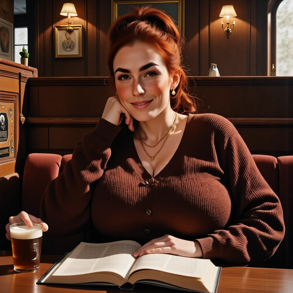 Photorealistic, cinematic style, picture of a beautiful British woman enjoying an ale in a rustic pub.  She's sitting in a booth with an opened  book on the table next to the brown beer glass. (Dynamic pose: 1.5), smile. She has Brown eyes, downturned eye shape, light skin and freckles, reddish-brown hair, ponytail hairstyle .  She's wearing a knitted sweater with rich earthy brown colours, dark brown corduroy trousers. Dark brown wood paneling, wooden table. ((Theme colour is brown)). perfect hand,HDR, intricate details ,