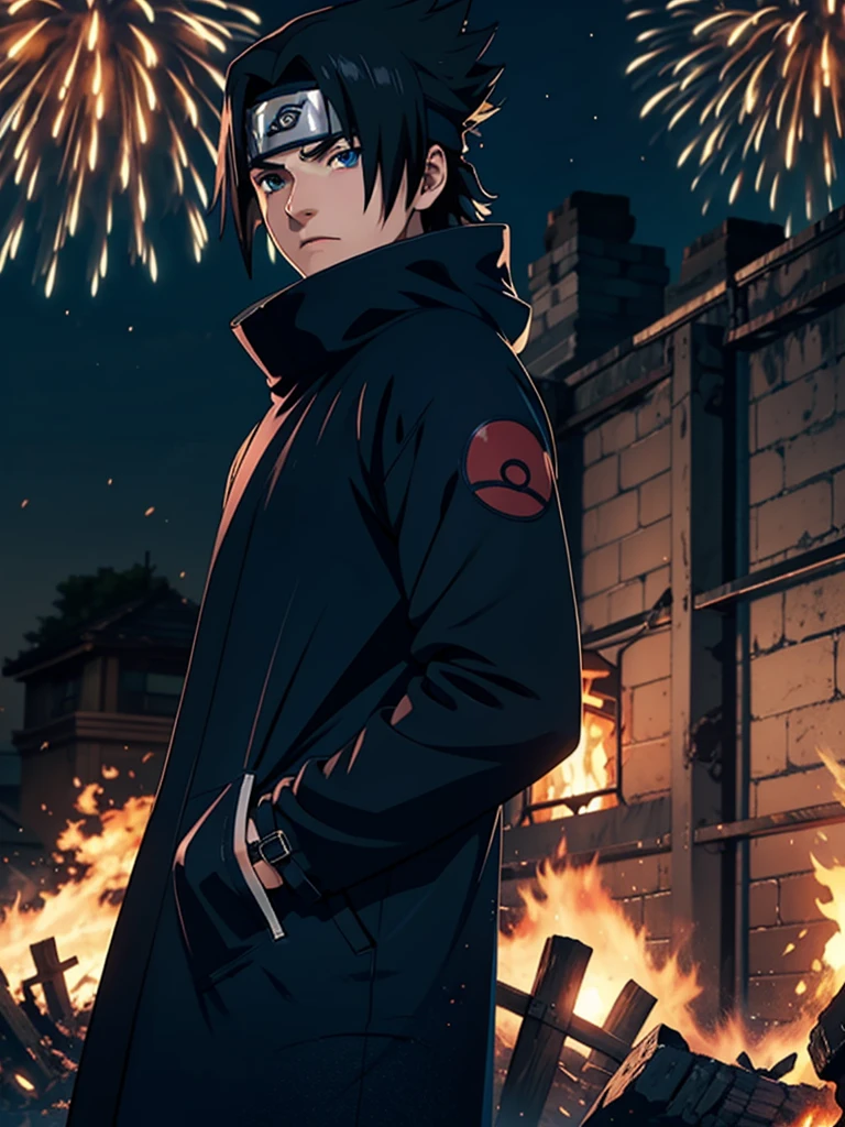 1male, Sasuke Uchiha, wearing a black coat, Uchiha mark on coat, white hair, blue eyes, bonfire night, best quality, 3D figure, octane rendered, 24K resolution, extremely detailed 