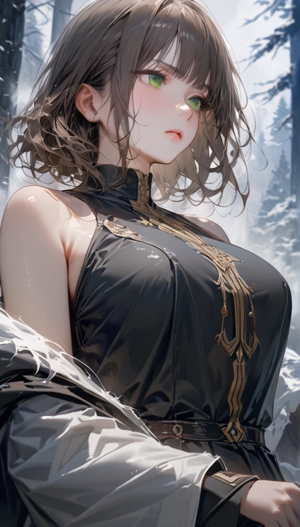 8K,  are of the best quality, masterpiece,  Very Detailed , Semi-realistic, A girl, A girl, 20 years old, Staring at hands,  Long dark brown hair with bangs , curls,  green eyes, Black Japanese tailoring clothes, White pants, Bare shoulders, Gold details,   Thin People , Cold expression, Battle Scene, Outdoors, Forest Background, There are many trees and dark sky