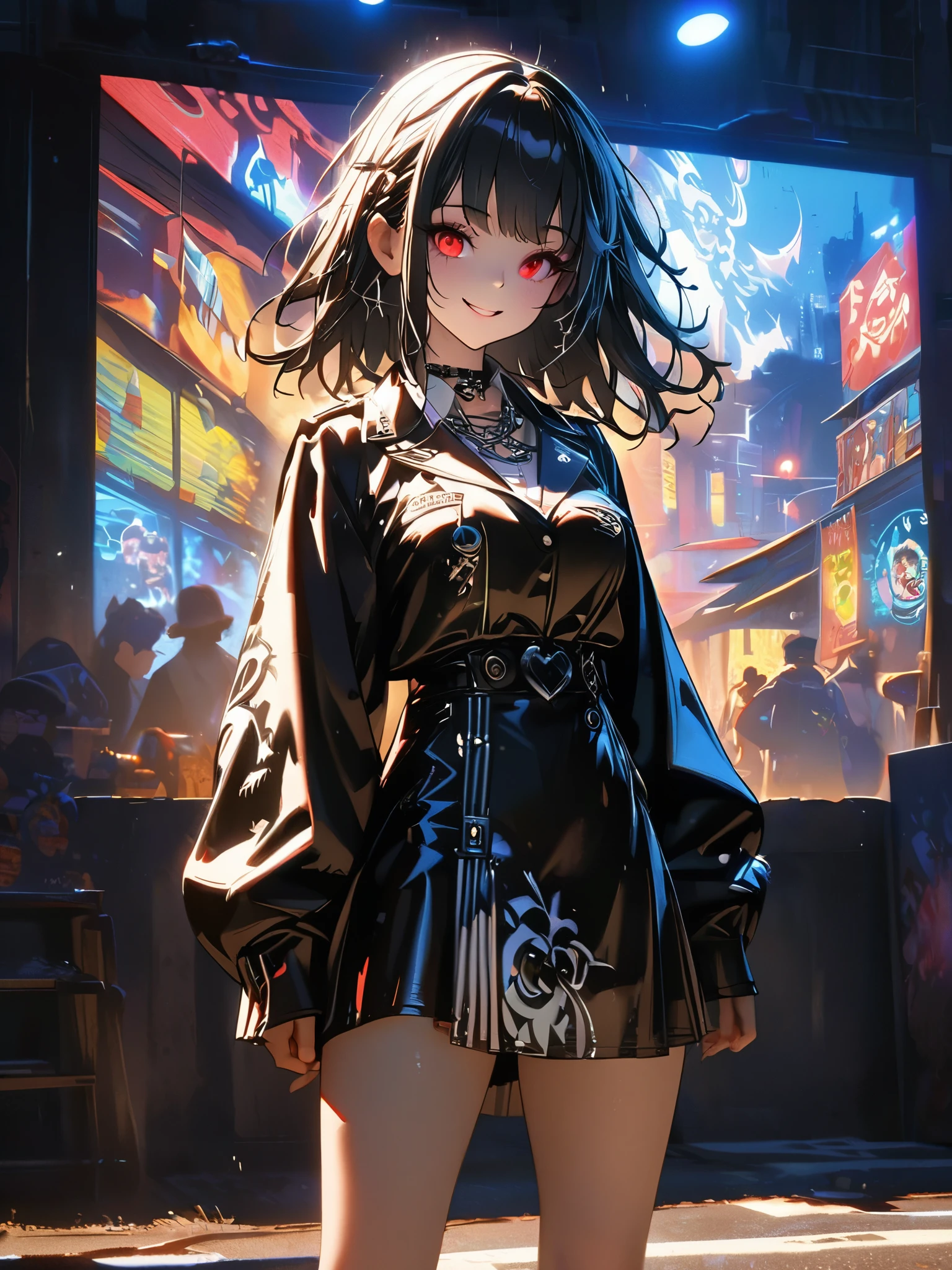 (Best Quality: 1.2, Masterpiece: 1.2), (Detailed Eyes: 1.2), (Intricate Details, Depth of Field), (1 Girl), (City, Cyberpunk), (Neon *2), (Night), (Moon), (Red Eyes)