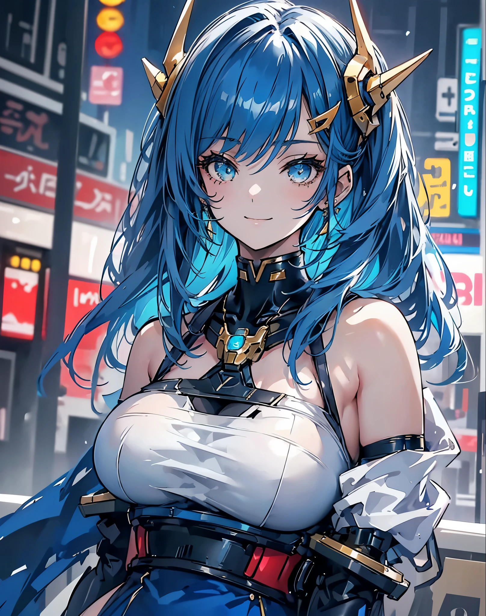 (masterpiece, best quality;1.3), extremely detailed ,ultra detailed,  1GIRL,solo,  twin tail,  large breast, cintura fina, thick fit body, thick coxa, thick ass, full body, evil smile, gundam(rx78), science fiction, mecha, light blue hair, solo, hair ornament, long hair, twin tail, gold eyes, jewelry, earrings, looking at viewer,shinjuku city background,night, many neon signs, moon base, detailed dress, micro mini skirt,  from below, sitting,, bust shot,