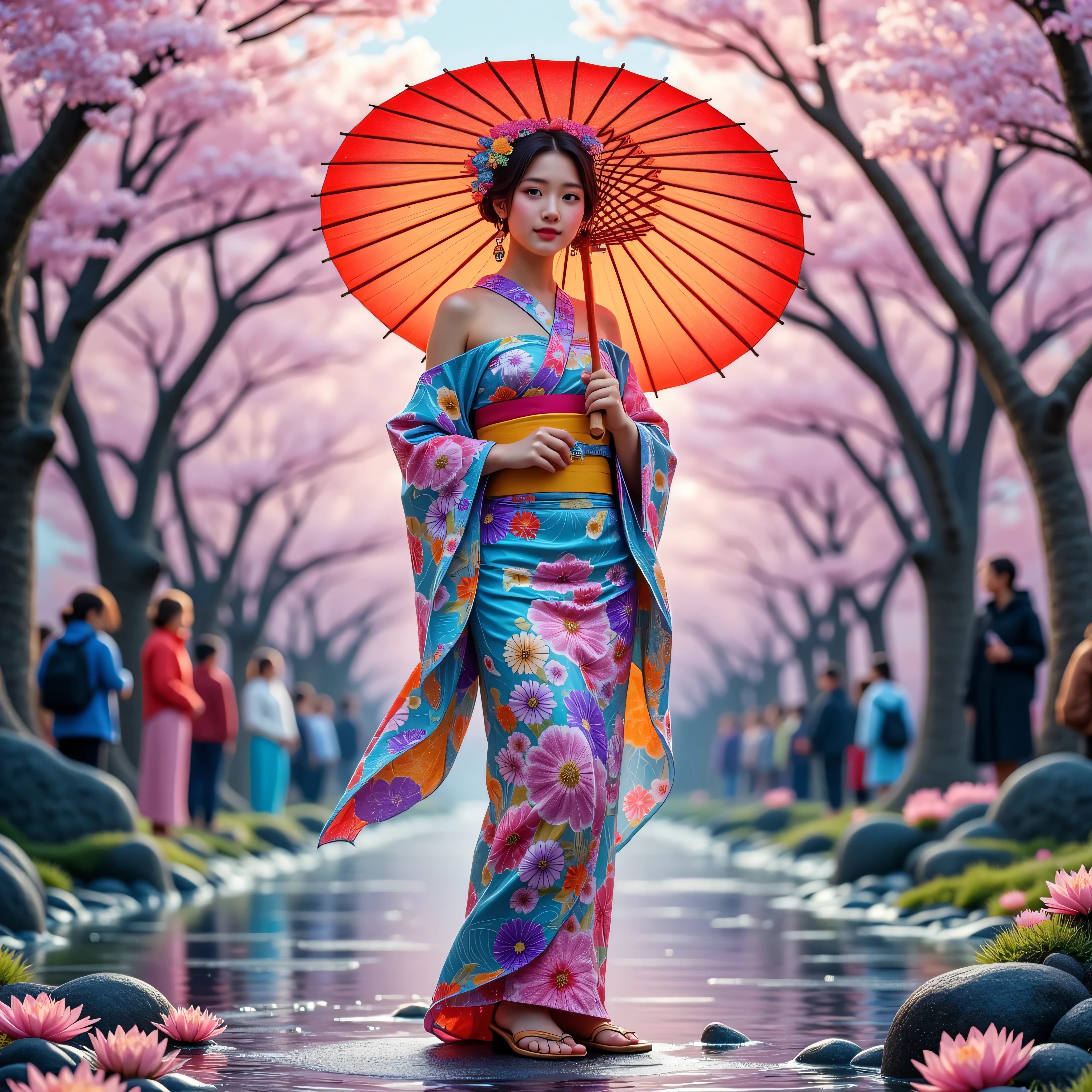 a full body shot of a beautiful young japanese maiko wearing an off-shoulder kimono with colorful girdle,1woman,detailed face,beautiful big eyes,beautiful lips,very heavy maiko makeup,porcelain skin,elegant colorful kimono with various flowers pattern,wooden sandals,tied hair with floral clip,skinny body but extremely large breast,the girdle is emphasizing her huge bust,(very beautiful exposed shoulders, collarbone, cleavage, and neckline),she is enjoying the cherry blossom season in a rainy day,she is standing under a huge cherry blossom tree and holding japanese traditional red umbrella,many tourists look at her beautiful body,the background is a beautiful stream,warm color palette,cinematic composition,masterpiece,photorealistic,8k,ultra-detailed.The camera angle is from below, looking up at her shoes, ensuring that her entire body, including her shoes, is clearly visible in the frame. Focus on capturing her full figure in a confident and elegant manner. unparalleled Eyes\((sharp focus,not blurry,Ultra high-resolution, absurd high-quality,ultra-Realistic brown_eyes:1.32)),((extremely fine high-details eyes)),(close up of a woman's eyes),(perfect round eyes:1.2),finely high-detailed pupils(extremely fine high-details of pupils:1.3),(extremely fine high-details of iris:1.3),((Vibrant eye digital art:delicately painted in mesmerizing array of colors:1.3)\),wear makeup\(ultra professional makeup:1.3),(Thin eyebrows),Carefully draw Long eyelashes(blue_lashes:1.25),((perfect dark_eyeshadows:1.35)),high-detailed lips:1.3,(apply glossy red_lipstick:1.25),(pink_makeup:1.3\),