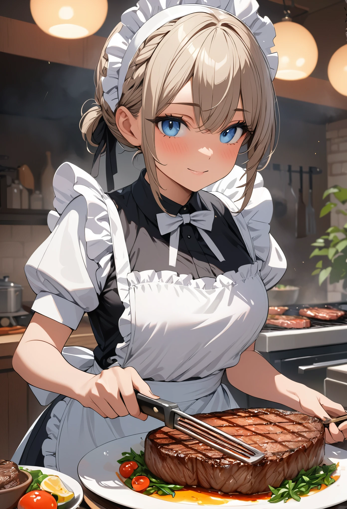 ((best quality)), ((masterpiece)), (detailed), perfect face, detailed eyes, (best quality), (detailed skin:1.3), (intricate details), Maid girl cooking, Maid grilling steak
