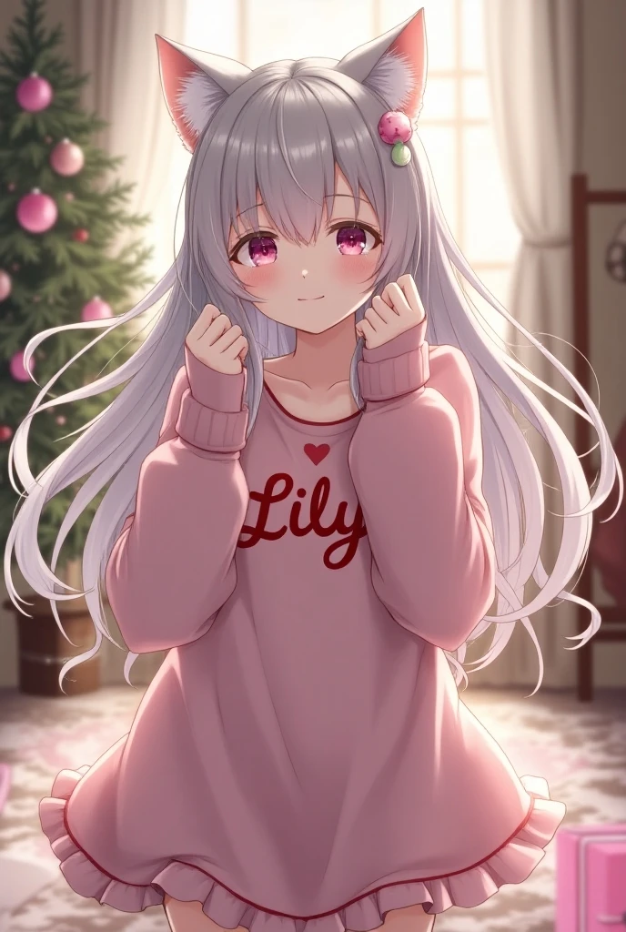 Girl in stockings,sexual,((skinny)) Sports figure,((Dressed in a New Year's sweater)), But the stocking is visible,(hairstyle: high ponytail) Смотрит с Loveю,smiling,Love,Gray hair color,(skinny Legs)((white stockings))