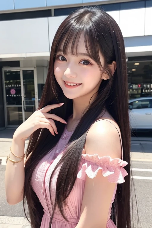 A 24-year-old idol with big eyes and a cute vibe。Wearing a pink dress。Long straight black hair with bangs。Smiling face。