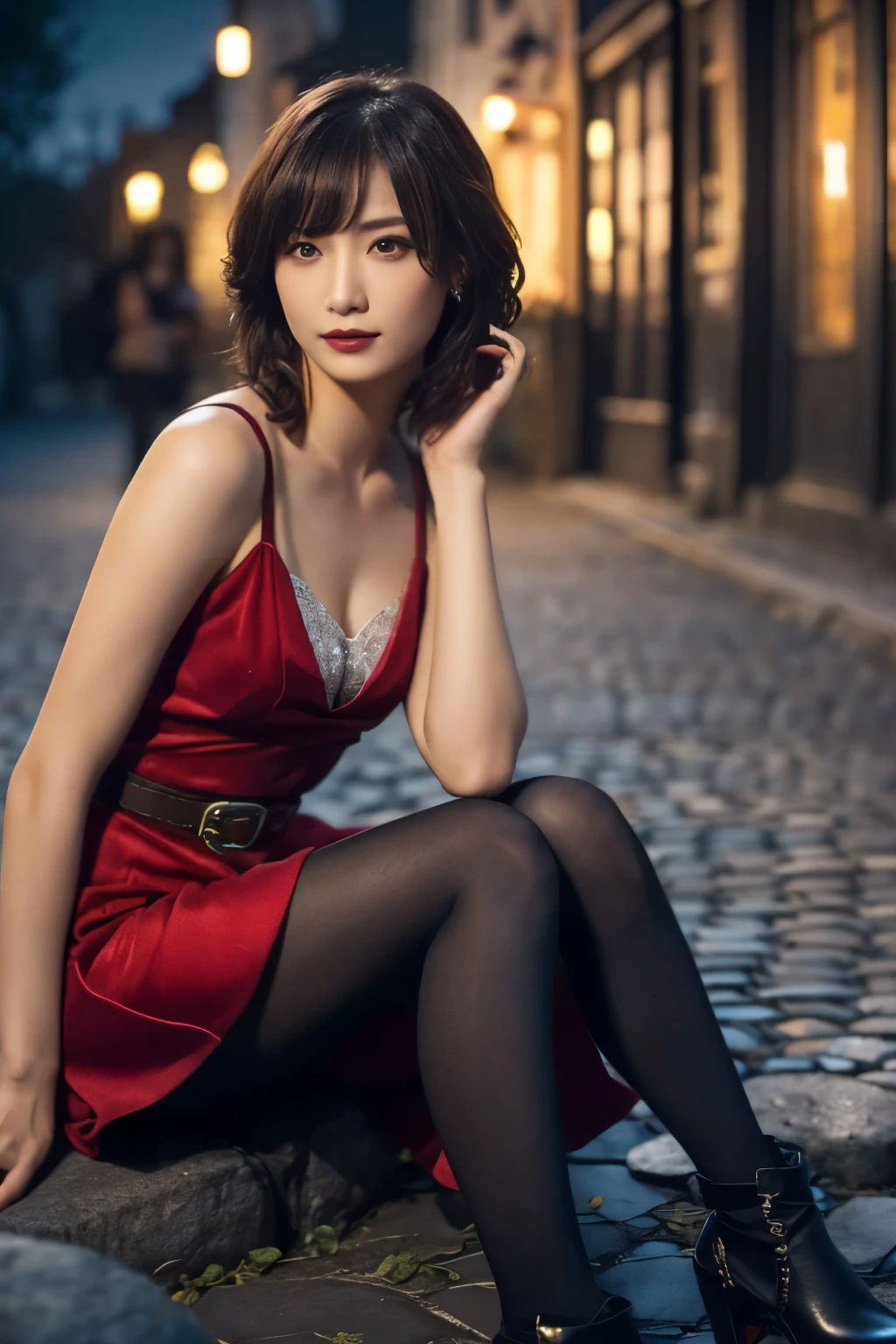 1 girl, ( She's Wearing a Red Dress :1.3), (Gothic Makeup),  Portrait of an adorable Japanese symphonic metal singer, (RAW Photo Best Quality), (Realistic, Realistic:1.4), (masterpiece), 
But delicate and beautiful,  very detailed, 2k wallpaper, wonderful, finely,  very detailed CG Unity 8K wallpaper,  very detailed, high res, Soft light, 
  A beautiful girl who takes care of every detail  ,  very detailed目と顔, A beautiful and elegant nose,  beautiful beautiful eyes, Cinema Lighting, 
(Girl full body silhouette), ( The background is a medieval European city abandoned at night:1.4), (Girl sitting on cobblestones :1.3), (Dark screen:1.5),
(short hair), (Messy Hair), ( indigo color scheme ),
  Perfect Anatomy, Slender body, Small breasts