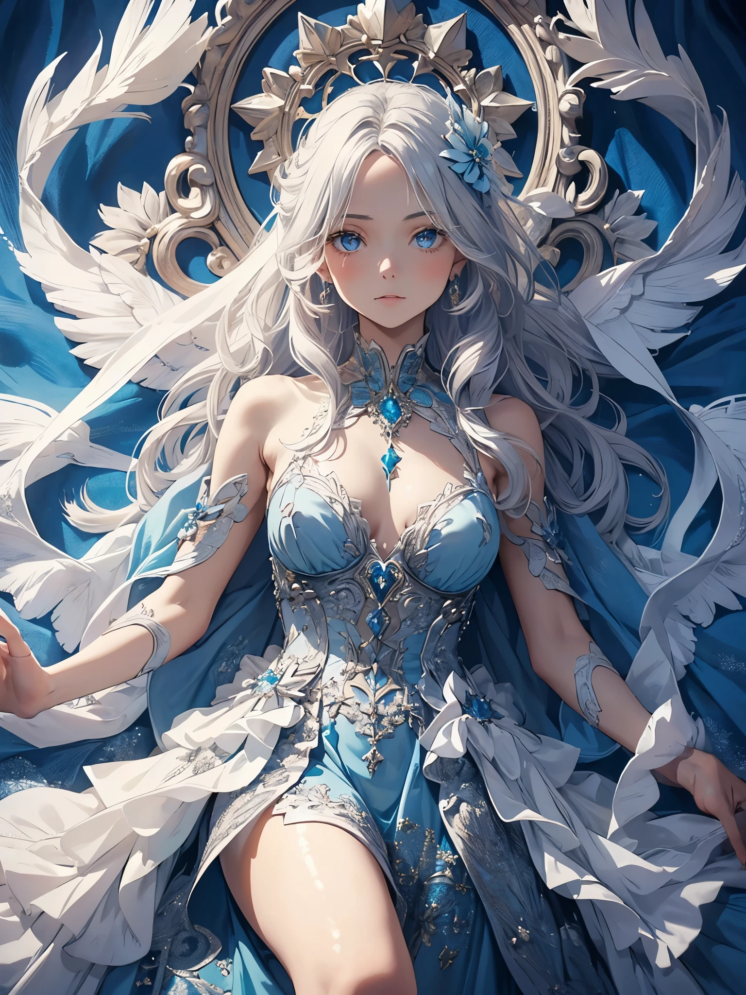 (masterpiece),(Best Quality:1.2),( Perfect Anatomy),Delicate details,((1 girl)),Long silver hair,(( flat chest)), Beautiful Delicate Blue Eyes ,royal blue long dress,An aqua blue shawl draped over her shoulders,Blue Footprints,( White background )