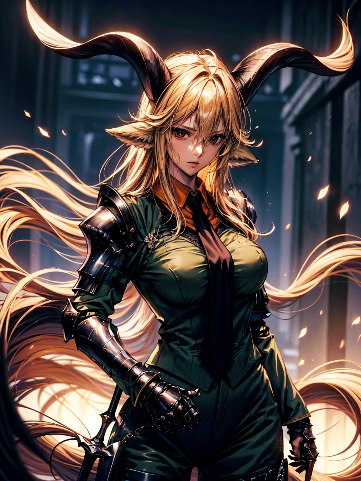 (top-quality、tmasterpiece、high resolution、super high image quality，highly detailed，8k), 30years old，degenbrecher(arknights), goat girl, black necktie, looking at viewer, large breasts, hair between eyes, goat horns, animal ears, Alone, long sleeves, long hair, closed mouth, blonde hair, BREAK sword, (armored knight:1.3)