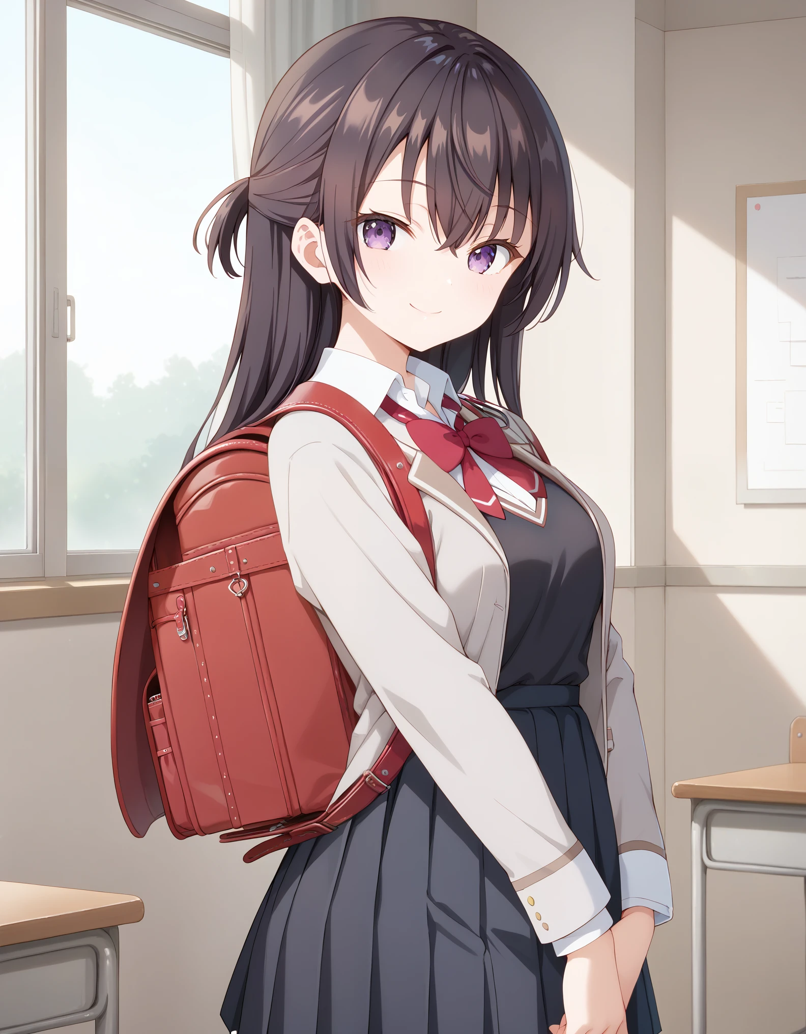 Masterpiece, hd, best quality, 1girl, yukisuou, long hair, bangs, brown hair, black hair, hair between eyes, purple eyes, half updo , medium breasts, shirt, bow, school uniform, jacket, closed jacket, white shirt, collared shirt,red bow tie, red bow, black vest,  jacket, red bow tie, black skirt, pleated skirt, standing, indoor, classroom, looking at viewer, undefined, alone, cowboy shot, wearing randoseru backpack, red backpack, smile