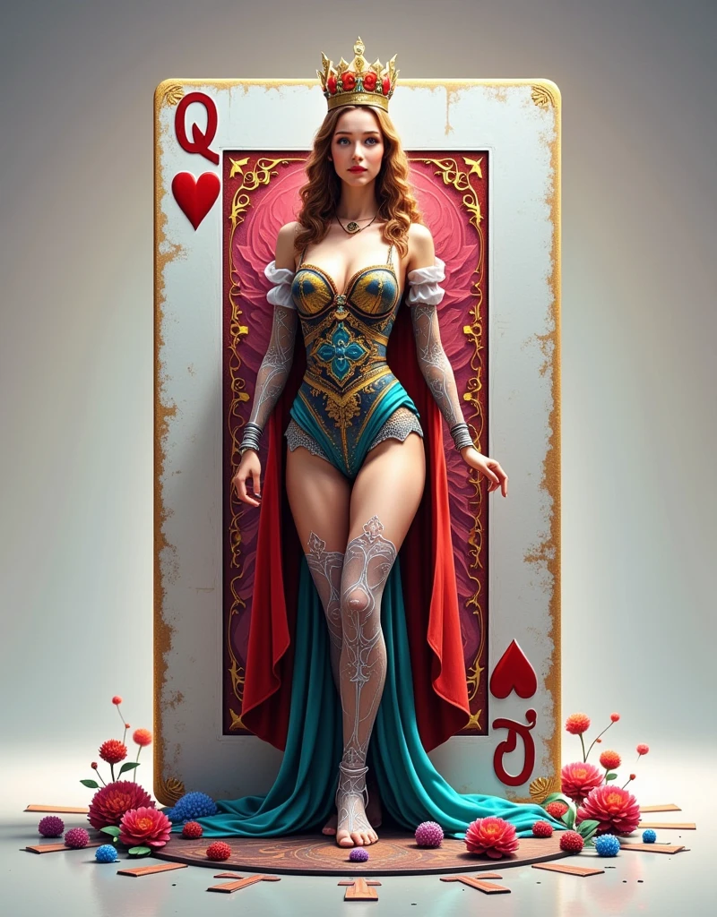 A realistic, beautiful queen with regal attire and a crown is emerging from a large, life-sized playing card of the Queen of Hearts. The playing card is upright and detailed, with the classic heart symbols and intricate design. The queen is stepping out of the card, with her right leg and arm fully outside the card, while her left leg and arm are still partially inside the card. She has a confident, serene expression, and the background is a simple, neutral color to emphasize the queen and the card.