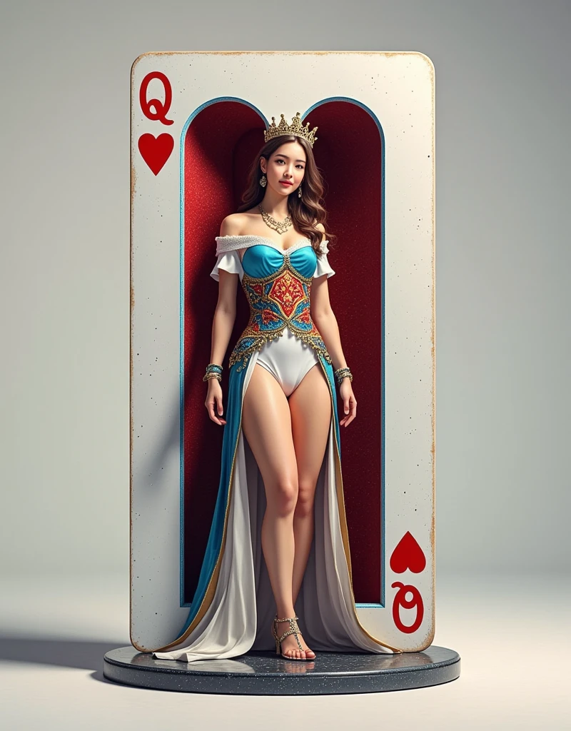 A realistic, beautiful queen with regal attire and a crown is emerging from a large, life-sized playing card of the Queen of Hearts. The playing card is upright and detailed, with the classic heart symbols and intricate design. The queen is stepping out of the card, with her right leg and arm fully outside the card, while her left leg and arm are still partially inside the card. She has a confident, serene expression, and the background is a simple, neutral color to emphasize the queen and the card.