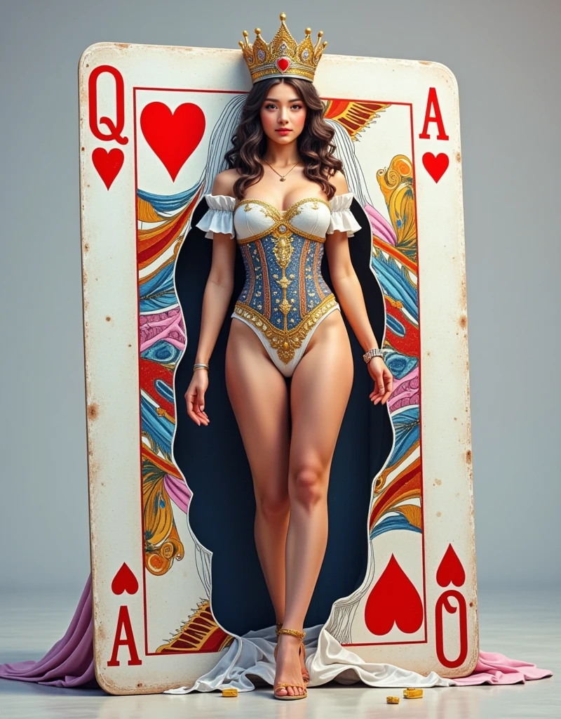 A realistic, beautiful queen with regal attire and a crown is emerging from a large, life-sized playing card of the Queen of Hearts. The playing card is upright and detailed, with the classic heart symbols and intricate design. The queen is stepping out of the card, with her right leg and arm fully outside the card, while her left leg and arm are still partially inside the card. She has a confident, serene expression, and the background is a simple, neutral color to emphasize the queen and the card.