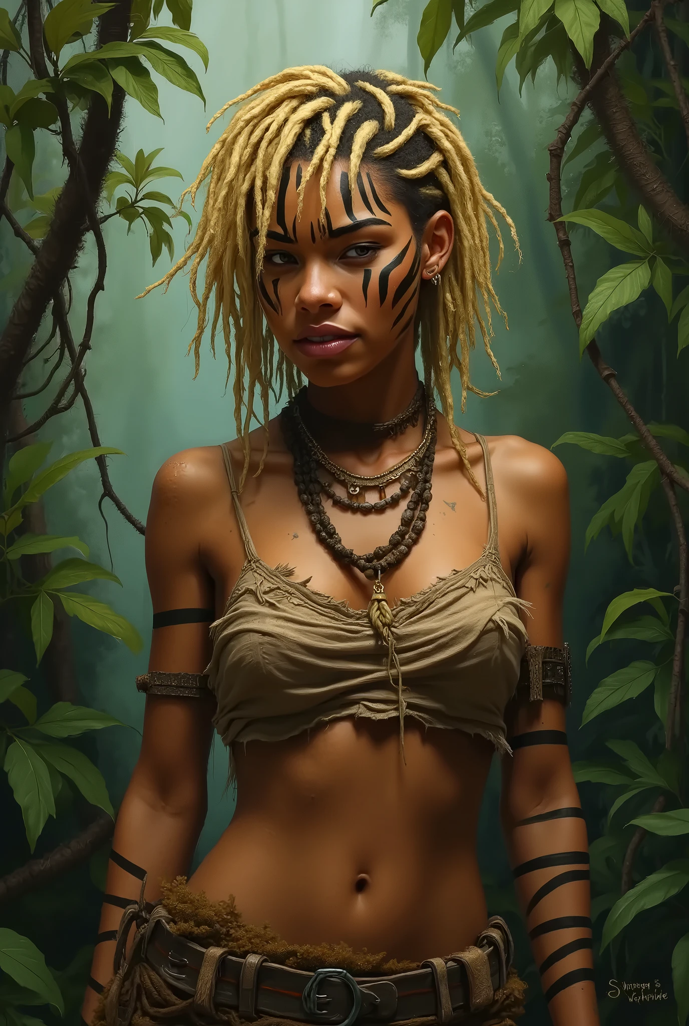 Peinture femme sauvage comme dans une tribu. Cheveux court avec des locks blonde . Peinture zèbre sur tout le visage.
Débardeur trouè dans la jungle.  Mi humain mi animal 