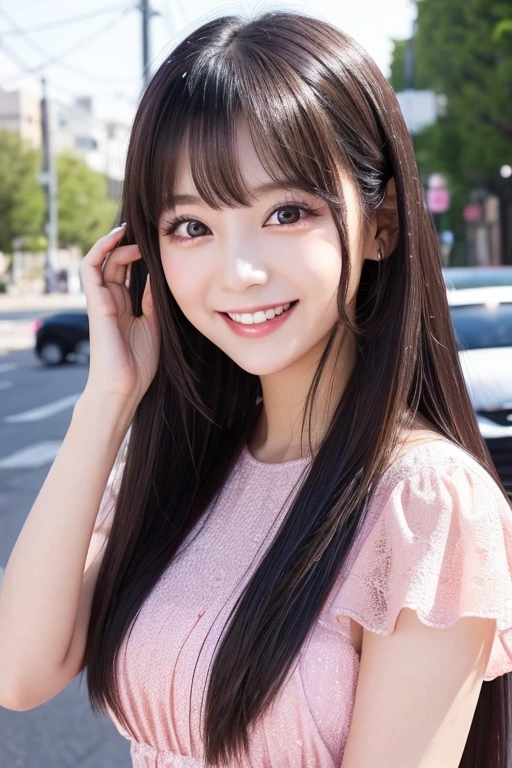 A 24-year-old young lady idol with big eyes and a cute vibe。Wearing a pink dress。Long straight black hair with bangs。Smiling face。