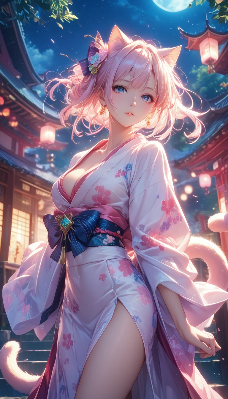 (super masterpiece、Best Quality、 High Resolution 、Ultra HD、Advanced Details、8k) anime,(A beautiful woman wearing a kimono with an autumnal climate looks at the night sky)、( anatomically correct),Hair length is around the waist,Her hair color is pink.,Black Cat,tail,decoration,Ideal Anatomy, Zoom in, dramatic lighting , atmosphere,Mood,