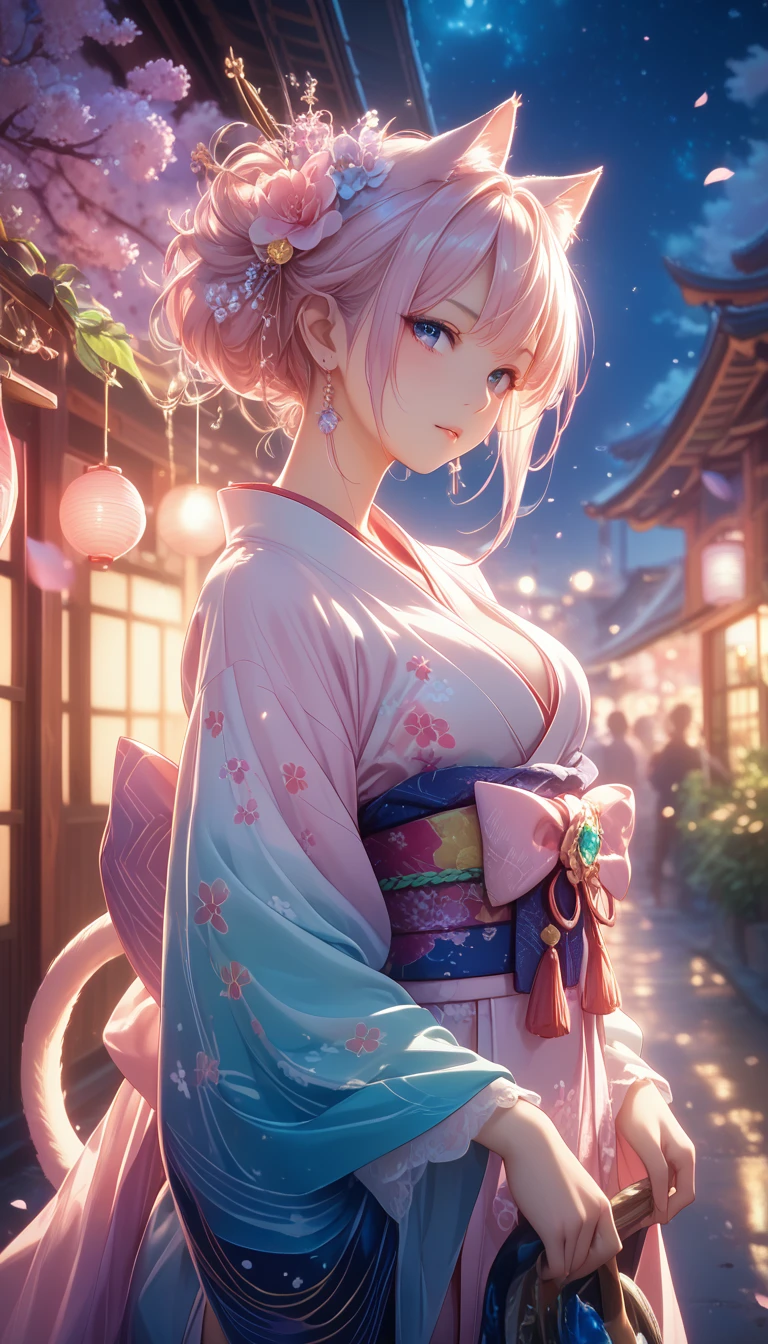 (super masterpiece、Best Quality、 High Resolution 、Ultra HD、Advanced Details、8k) anime,(A beautiful woman wearing a kimono with an autumnal climate looks at the night sky)、( anatomically correct),Hair length is around the waist,Her hair color is pink.,Black Cat,tail,decoration,Ideal Anatomy, Zoom in, dramatic lighting , atmosphere,Mood,