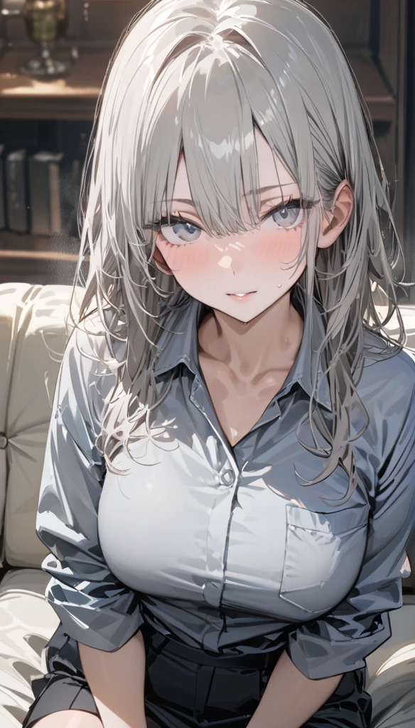 +masterpiece,  are of the best quality,  looks super detailed , A female student,  pretty face , Rich details, (  long gray hair  ),  Perfect Face , Work clothes, Sitting, close up, Shabby sofa