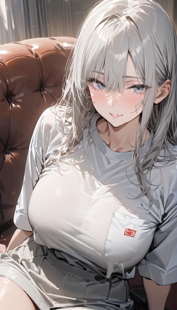 +masterpiece,  are of the best quality,  looks super detailed , A female student,  pretty face , Rich details, (  long gray hair  ),  Perfect Face , Work clothes, Sitting, close up, Shabby sofa