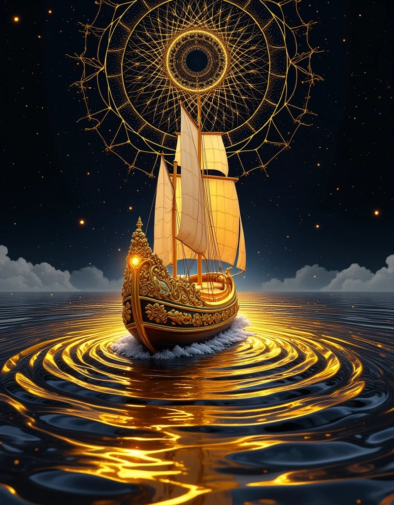 Create a photorealistic and surreal poster with a **black and gold color scheme**.

**Background:**
- The sky is pitch-black with no visible stars, creating a void-like atmosphere.
- The sea is a glossy, reflective black surface, appearing like liquid obsidian.

**Foreground:**
- A large, ornate **golden ship** takes center stage. The ship's hull and sails are made of polished gold, with intricate engravings and detailing visible. The sails are unfurled and shimmer with a soft golden glow.
- The ship is seen from a dramatic low-angle, slightly tilted to the left, emphasizing its grandeur and scale.
- Golden waves ripple outward from the ship, creating concentric rings that gradually fade into the black sea. The waves have a semi-liquid, metallic look, reflecting the gold from the ship.
  
**Sky:**
- Above the ship, **golden constellations** are faintly glowing, arranged in a mystical and unfamiliar pattern. They emit a soft, ethereal light that subtly reflects on the water below. The constellations form intricate shapes that seem to guide the ship forward.
  
**Lighting and Effects:**
- The lighting is soft, with the golden elements of the ship, sea, and sky glowing against the black surroundings. The gold is reflective and luminous, creating a high-contrast effect.
- Surreal mist in a faint golden hue surrounds the base of the ship, blending into the black sea.
  
**Composition:**
- The ship is positioned slightly to the right of the center, moving diagonally upward as if sailing into the void.
- The horizon line is almost invisible, blending the sea and sky seamlessly, creating a surreal and infinite effect.