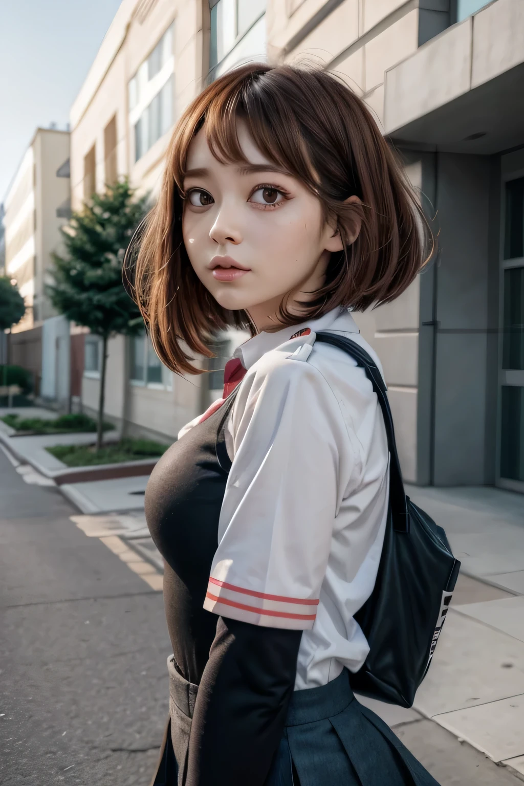 uraraka_ochako, bodysuit, sidelocks, shirt,school uniform.