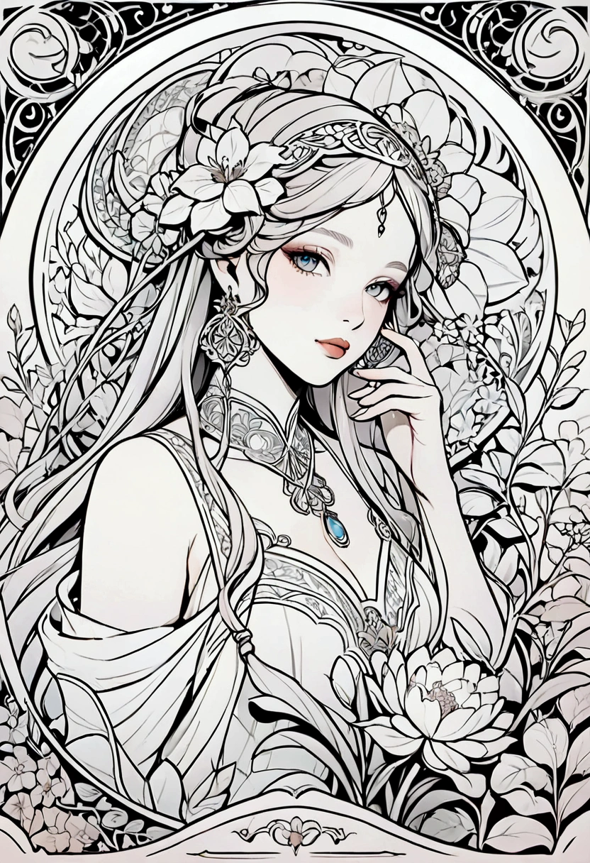 （detailed，High image quality）Garden scenery， art with coloring page effects 。The background must be completely white ，Only the outline of the object should be visible。Artwork should be in a line art style，Similar coloring books。I need a mandala with natural ornaments。 The overall artwork should have a clean line art style，Similar to Coloring Book Pages。woman、Mucha style　Convert the above into a coloring book illustration