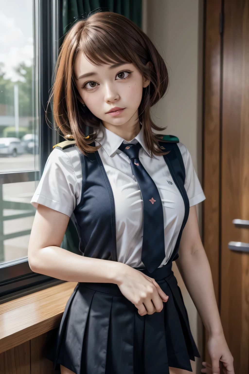 uraraka_ochako, bodysuit, sidelocks, shirt,school uniform.