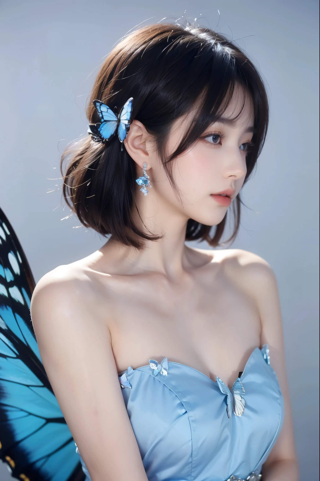 1girl, bangs, bare_arms, bare_shoulders, blue_butterfly, blue_dress, bug, butterfly, butterfly_on_hand, butterfly_wings, collarbone, dress, earrings, grey_background, jewelry, looking_away, multicolored_hair, profile, short_hair, solo, strapless, strapless_dress, wings, yellow_butterfly