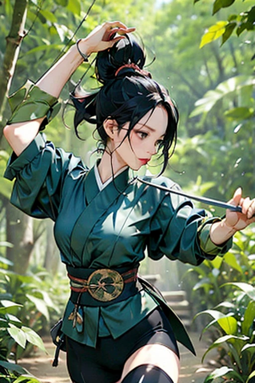 Best Quality,  very detailed, The location is in the forest,sharp,Fighting with a Japanese sword, with a sexy attack,A very beautiful female ninja wearing ultra-thin black nylon tights that fit her entire body 