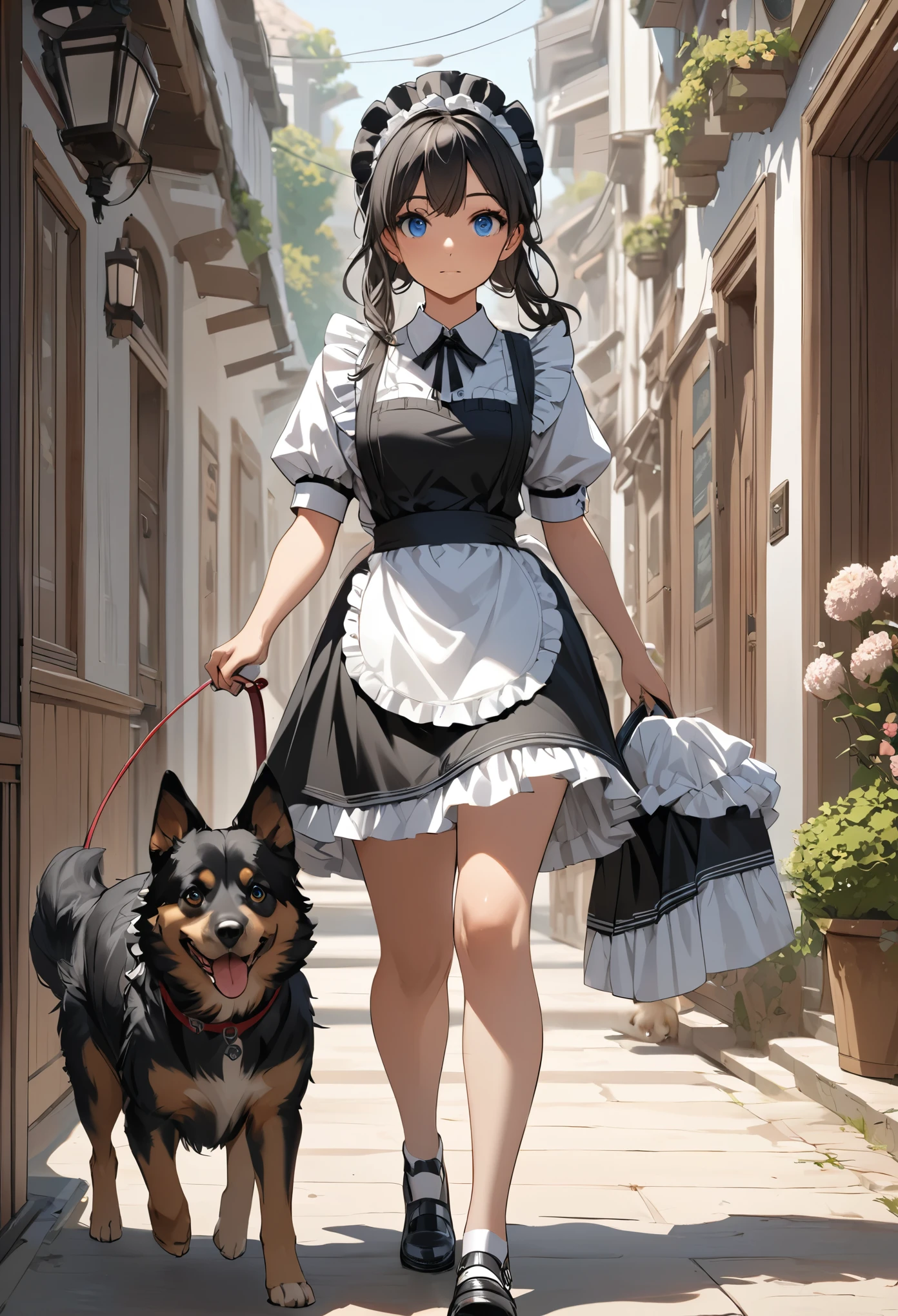 ((best quality)), ((masterpiece)), (detailed), perfect face, detailed eyes, (best quality), (detailed skin:1.3), (intricate details), A maid girl walking her dog