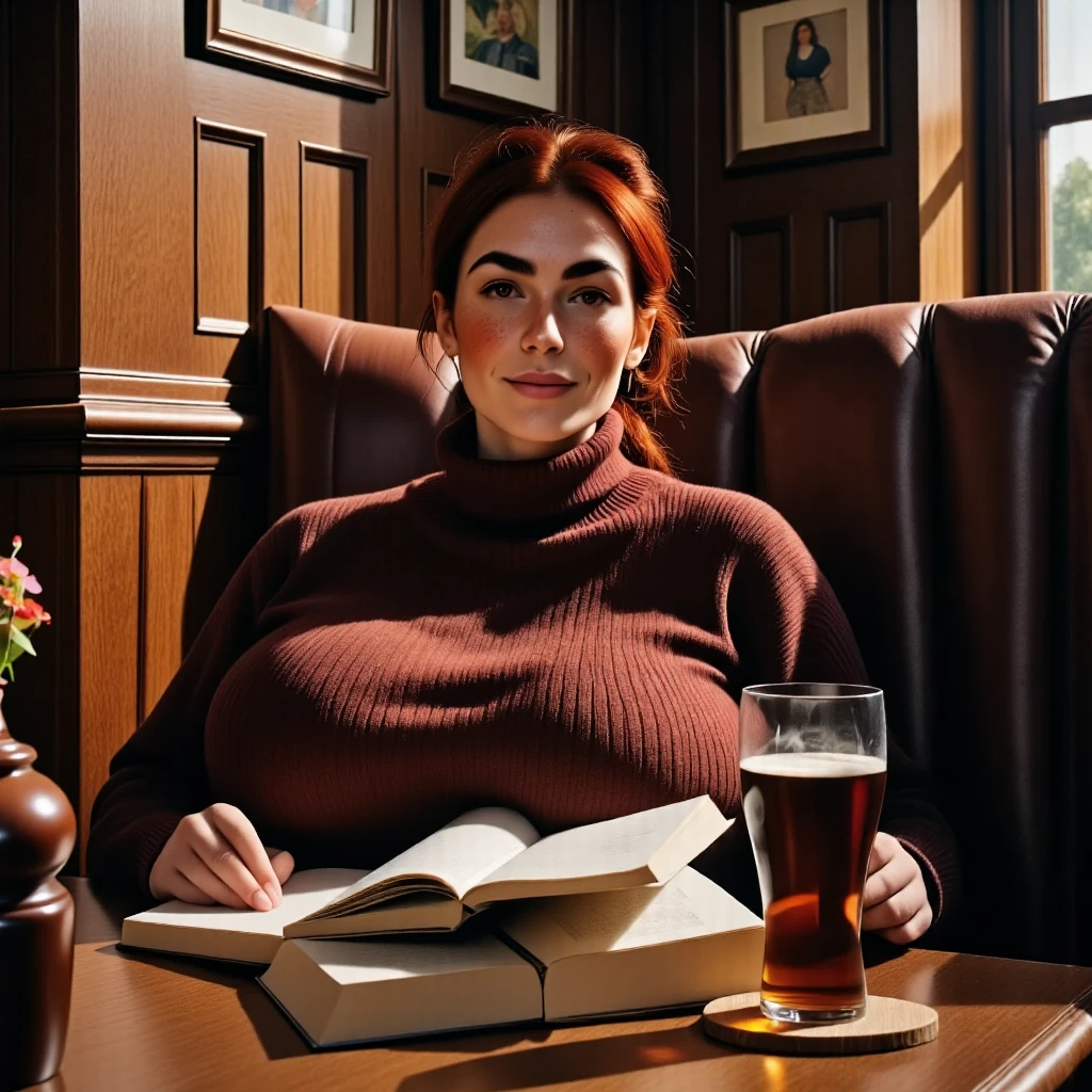 Photorealistic, cinematic style, picture of a beautiful British woman in a rustic pub.  She's sitting in a booth with an opened  book on the table next to the brown beer glass. (Dynamic pose: 1.5), smile. She has Brown eyes, downturned eye shape, light skin and freckles, reddish-brown hair, ponytail hairstyle .  She's wearing a knitted sweater with rich earthy brown colours, dark brown corduroy trousers. Dark brown wood paneling, wooden table. ((Theme colour is brown)). perfect hand,HDR, intricate details ,