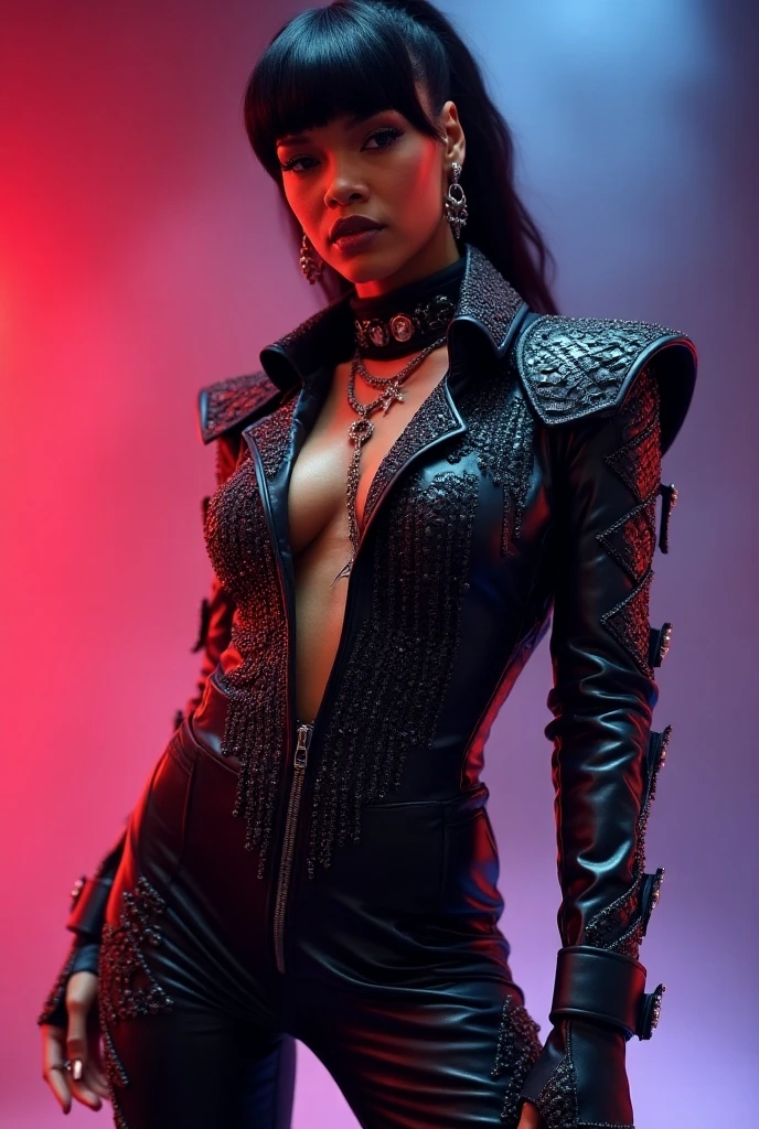 Create a hyper-realistic portrait of Samantha Ruth Prabhu as a modern goth girl. She is dressed in a bold, edgy outfit with a black leather jacket, ripped jeans, and heavy boots. Her makeup is dramatic, with dark, smoky eyes, bold black lipstick, and pale foundation. Her hair is styled in sleek, straight locks, dyed a deep shade of black with a hint of purple. She is adorned with gothic accessories like silver chains, chokers, and multiple piercings. The background features a dimly lit, urban party scene with neon lights and a lively atmosphere, emphasizing her rebellious and vibrant personality