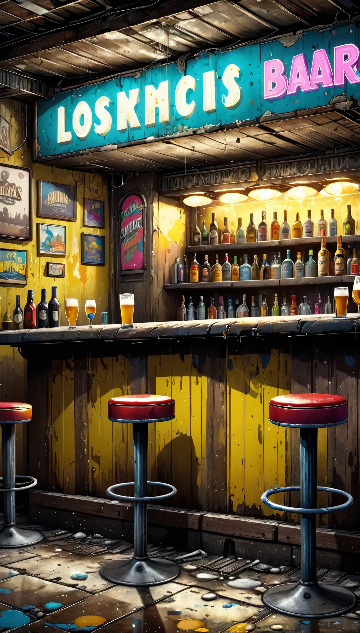  an old and dirty bar that has seen better times in the style of lslwd, Illustration for video games , Pop art:1.5, UHD, masterpiece, Accurate, Super detail, high details, high quality, Award Winning, best quality, highres, 1080P, 8K, HD