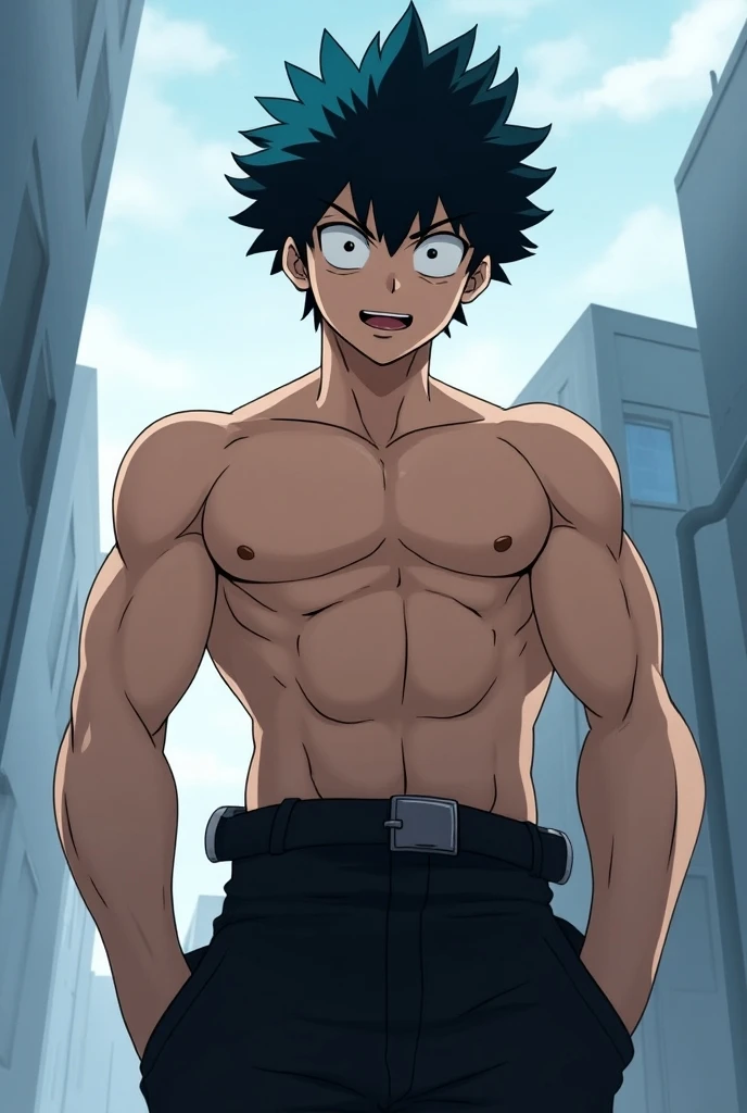 He is a , He has slightly disheveled very black hair..., somewhat light green eyes, (front angle ) , (all body), surprised face, muscular body , He is dressed in the anime shorts. "my hero academia", without the shirt, just with boxer shorts, (emphasis on the shorts), in a bedroom, 8k, high quality, masterpiece, , cinematic, vivid colors