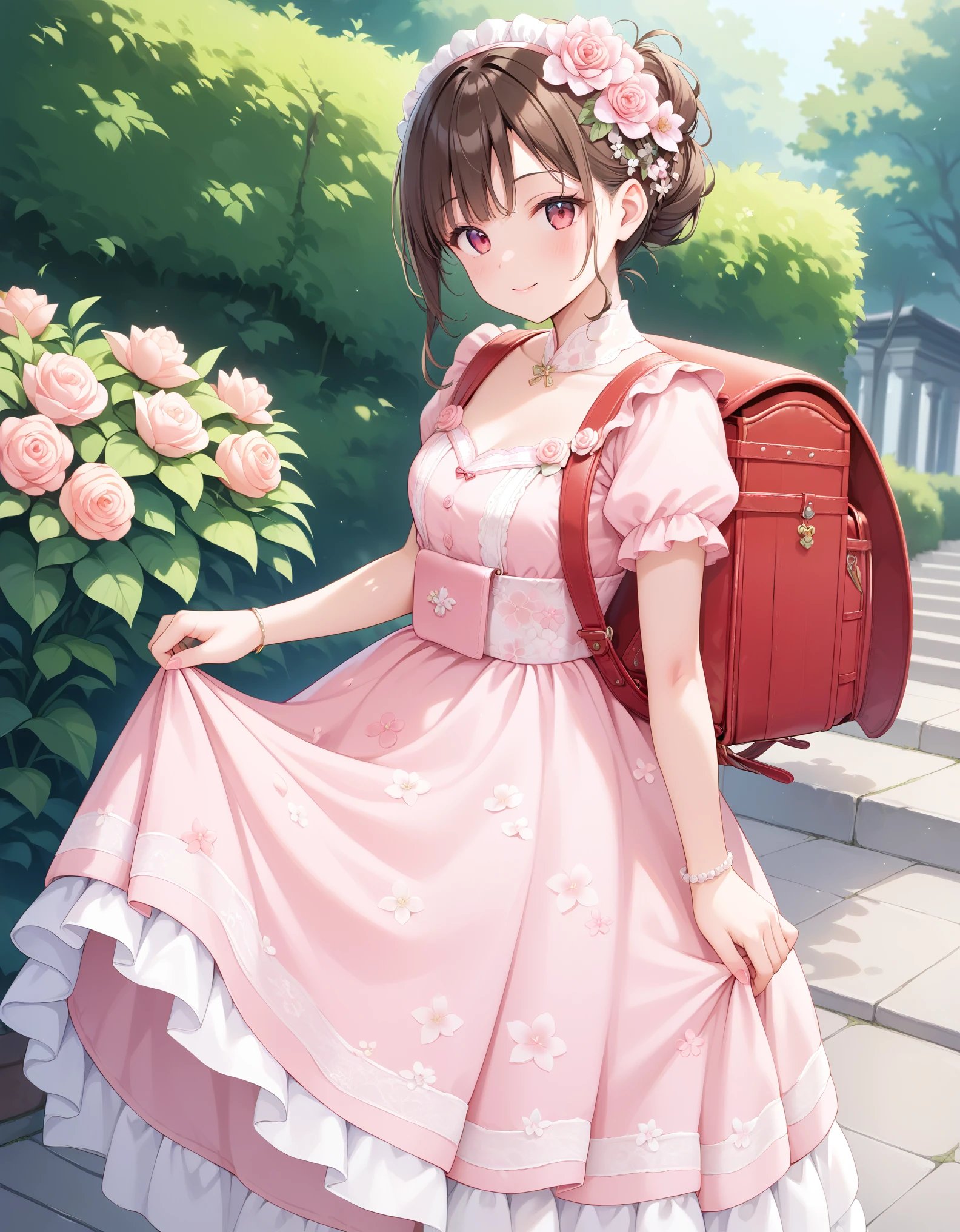 Masterpiece, hd, best quality, there is a girl standing in a pink dress, wearing pink floral chiton, beautiful pink , brown hair, wearing a pink dress, dressed in a pink dress, small  girl, Traditional Attire, in a fancy dress, frilly outfit, wearing beautiful clothes, wearing pink floral gown, cute young girl, dressed in a beautiful, wearing randoseru backpack, red backpack, standing, outdoor