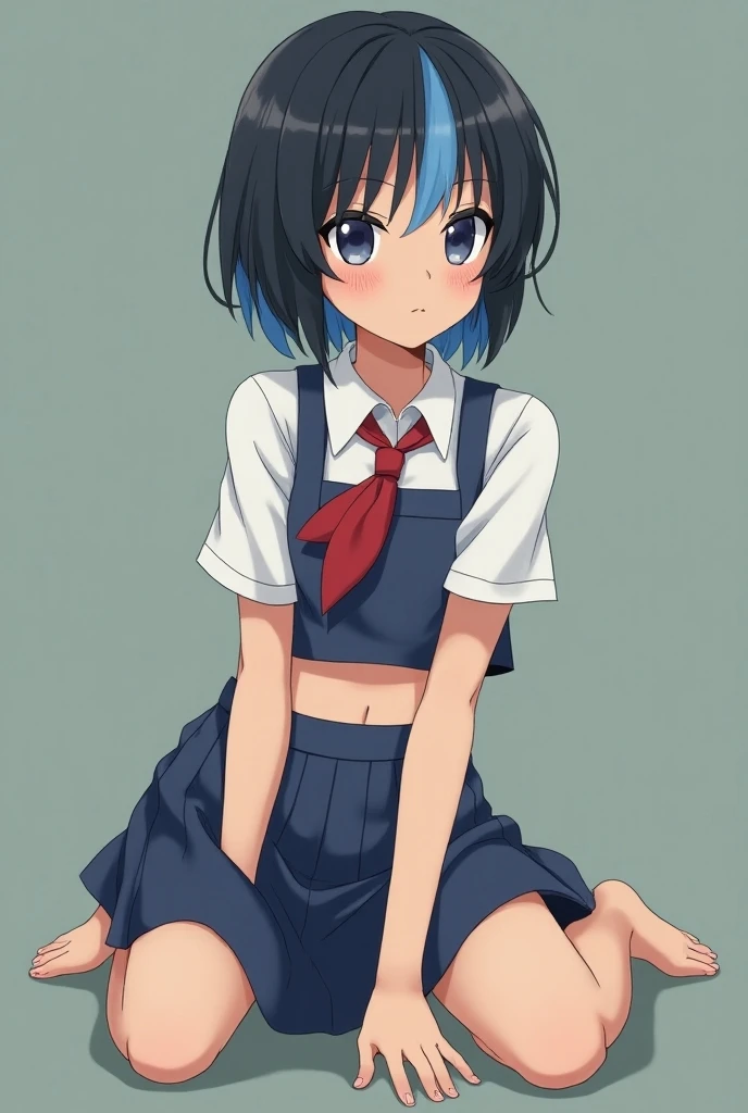 score_9, score_8_superior, score_7_superior, score_6_superior, score_5_superior, score_4_superior, masterpiece, Highest quality, One girl, alone, blue eyes, dress, ribbon, hair ribbon, Black Hair, blush, , red ribbon, Simple Background, View your viewers, black dress, white Sailor collar,, Sailor collar, Short sleeve, White Background, school bag, bag, bangs, School Briefcase, short hair, pinafore dress, sailor dress、Wear a vibrator、Not wearing pants